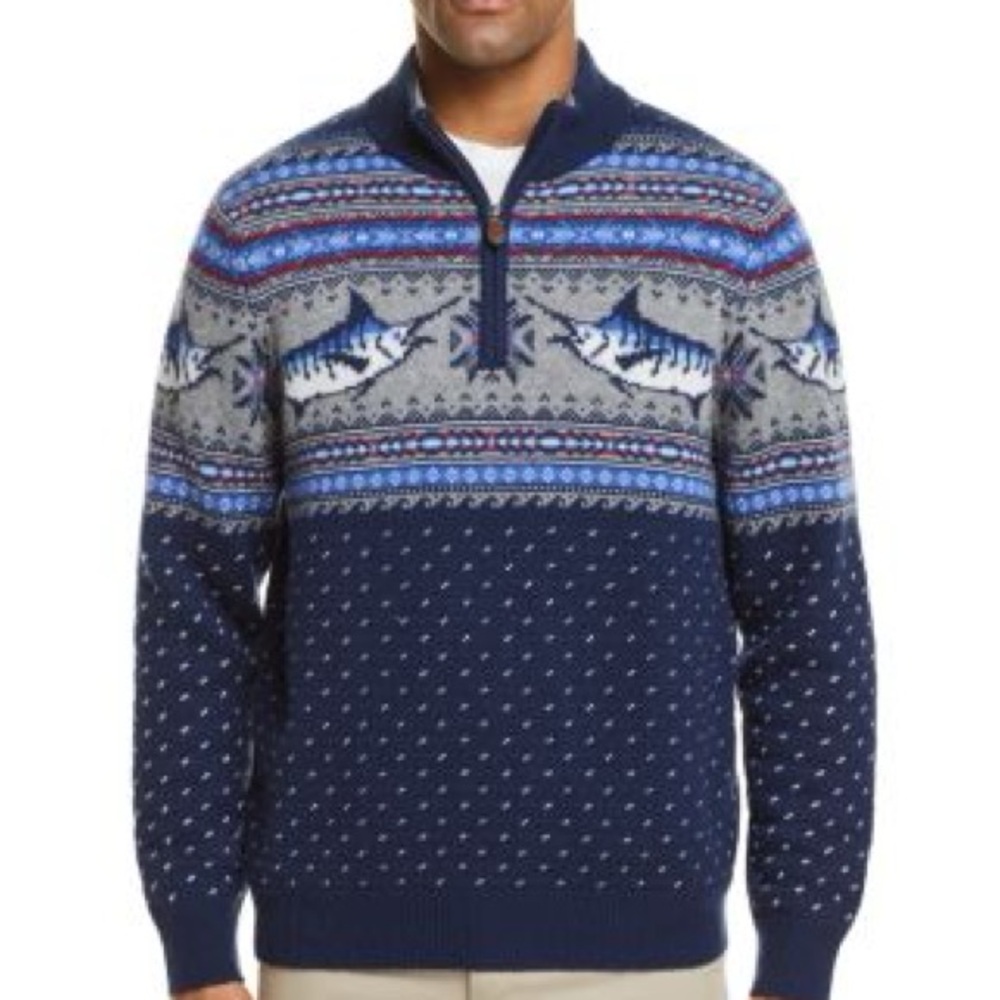 Vineyard Vines Marlin Pattern Quarter-Zip Sweater men’s XXL fair isle prep fish